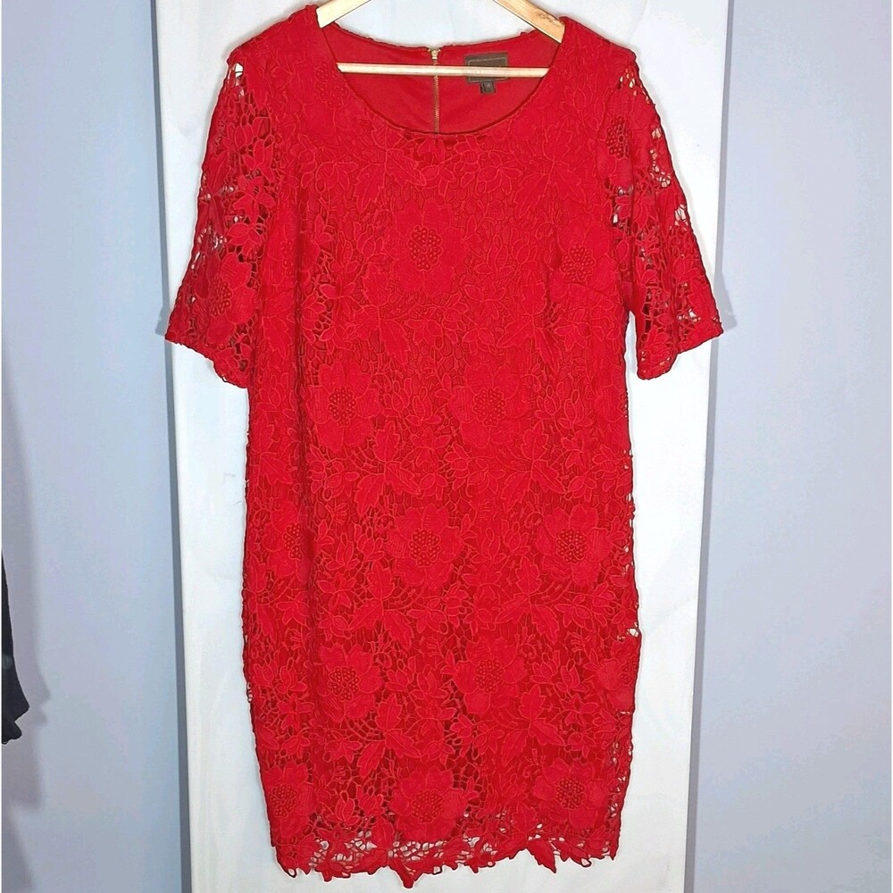 Trulli Red Floral Lace Sheath Dress 16 Round Neck Half Sleeve Lined Zip Back